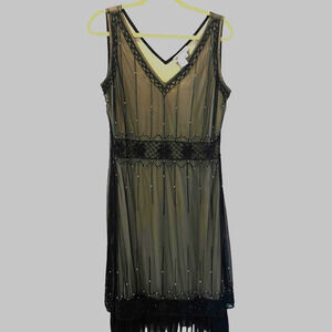 1920s V-neck Sleeveless Layered Beaded Mesh Black Flapper Dress  Size L# 50
